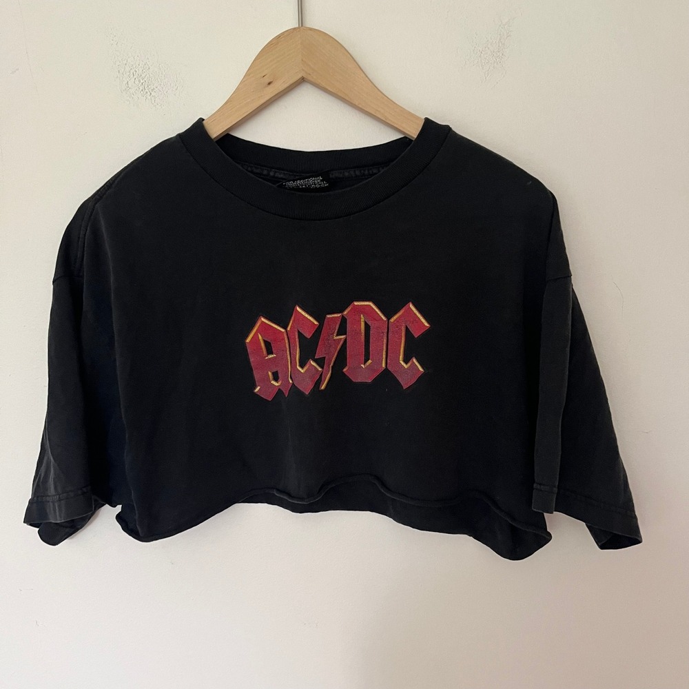 Artimonde AC/DC Cropped Graphic Tee Faded Black Boxy Raw Hem Rock Band Shirt